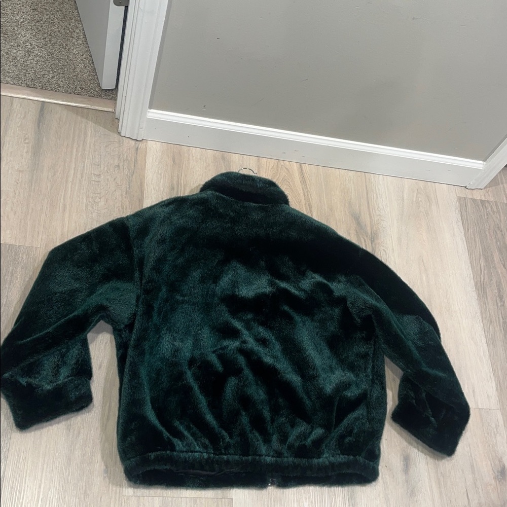 Gallery Vegan Faux Fur Bomber Coat Jacket Green collar pockets VTG vintage 90s - Picture 9 of 10